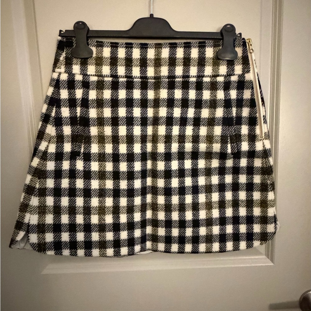 NWT J. Crew Green, Black and White Plaid Wool Mini Skirt | Size 6